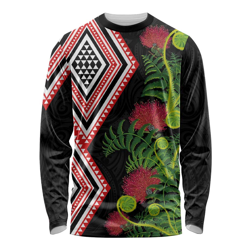Aotearoa Tukutuku Motif Long Sleeve Shirt Pohutukawa and Fern Leaves LT03 Unisex Black - Polynesian Pride