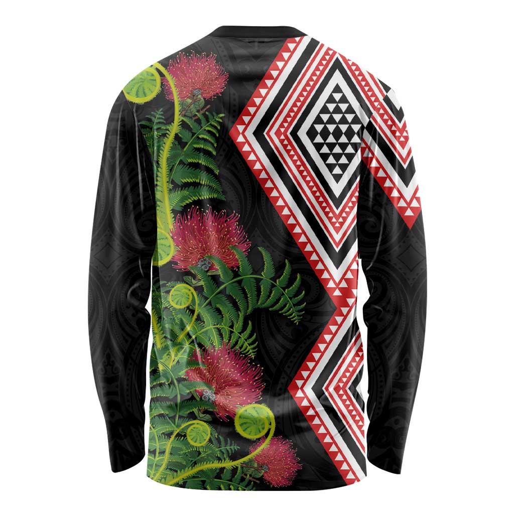 Aotearoa Tukutuku Motif Long Sleeve Shirt Pohutukawa and Fern Leaves