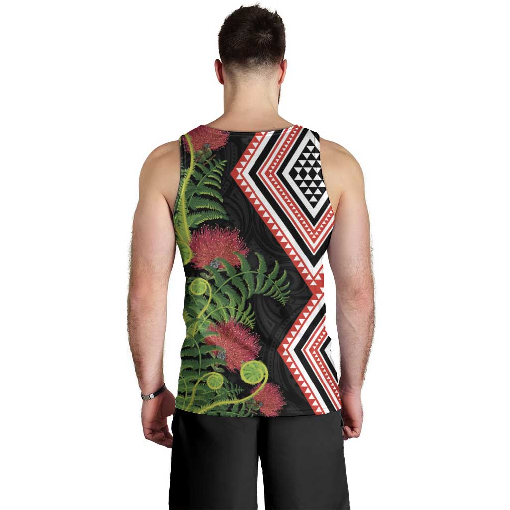 Aotearoa Tukutuku Motif Men Tank Top Pohutukawa and Fern Leaves LT03 - Polynesian Pride