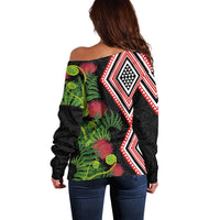 Aotearoa Tukutuku Motif Off Shoulder Sweater Pohutukawa and Fern Leaves