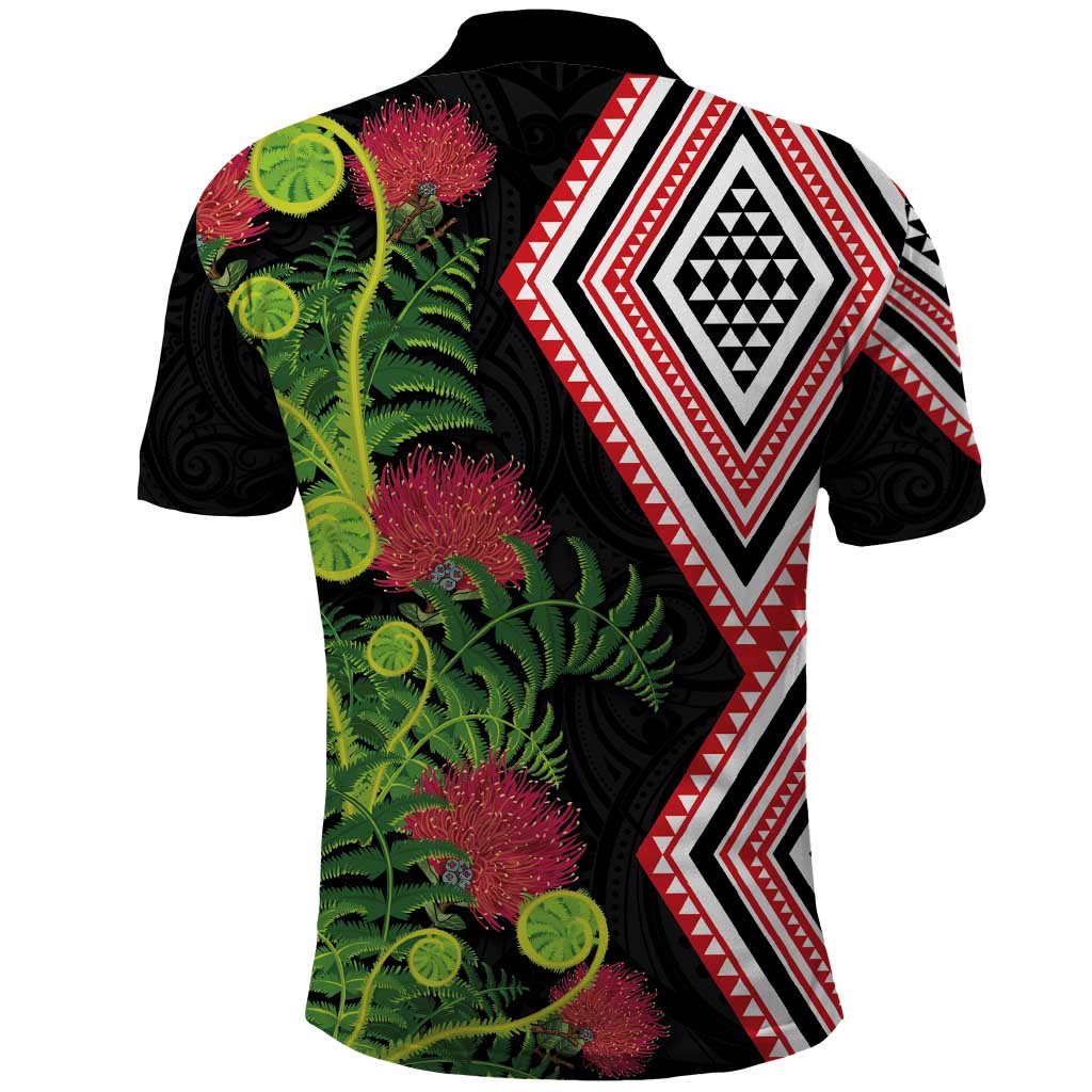 Aotearoa Tukutuku Motif Polo Shirt Pohutukawa and Fern Leaves