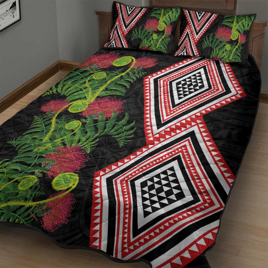 Aotearoa Tukutuku Motif Quilt Bed Set Pohutukawa and Fern Leaves LT03 - Polynesian Pride