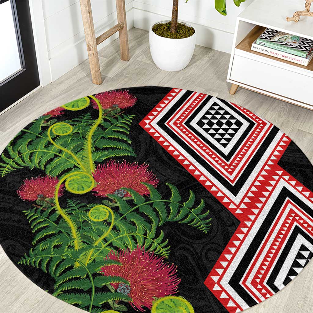 Aotearoa Tukutuku Motif Round Carpet Pohutukawa and Fern Leaves