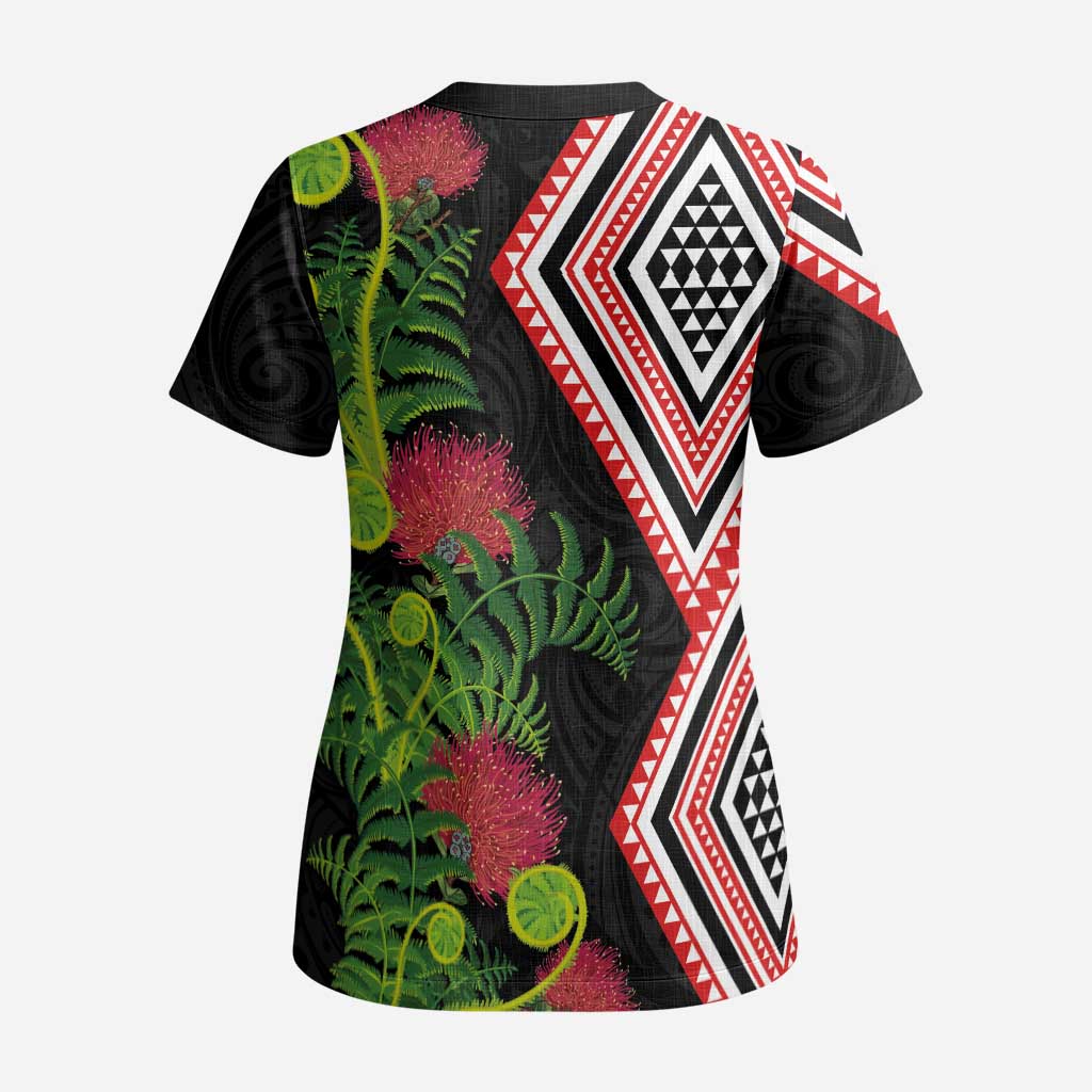 Aotearoa Tukutuku Motif Scrub Top Pohutukawa and Fern Leaves LT03 - Polynesian Pride
