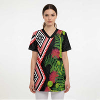Aotearoa Tukutuku Motif Scrub Top Pohutukawa and Fern Leaves LT03 - Polynesian Pride