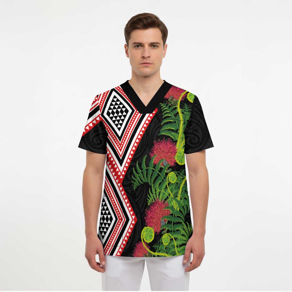 Aotearoa Tukutuku Motif Scrub Top Pohutukawa and Fern Leaves LT03 - Polynesian Pride