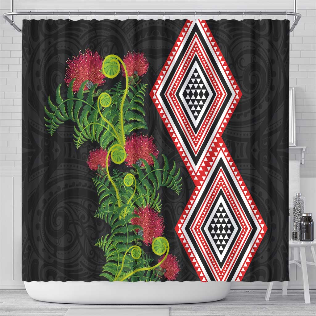 Aotearoa Tukutuku Motif Shower Curtain Pohutukawa and Fern Leaves