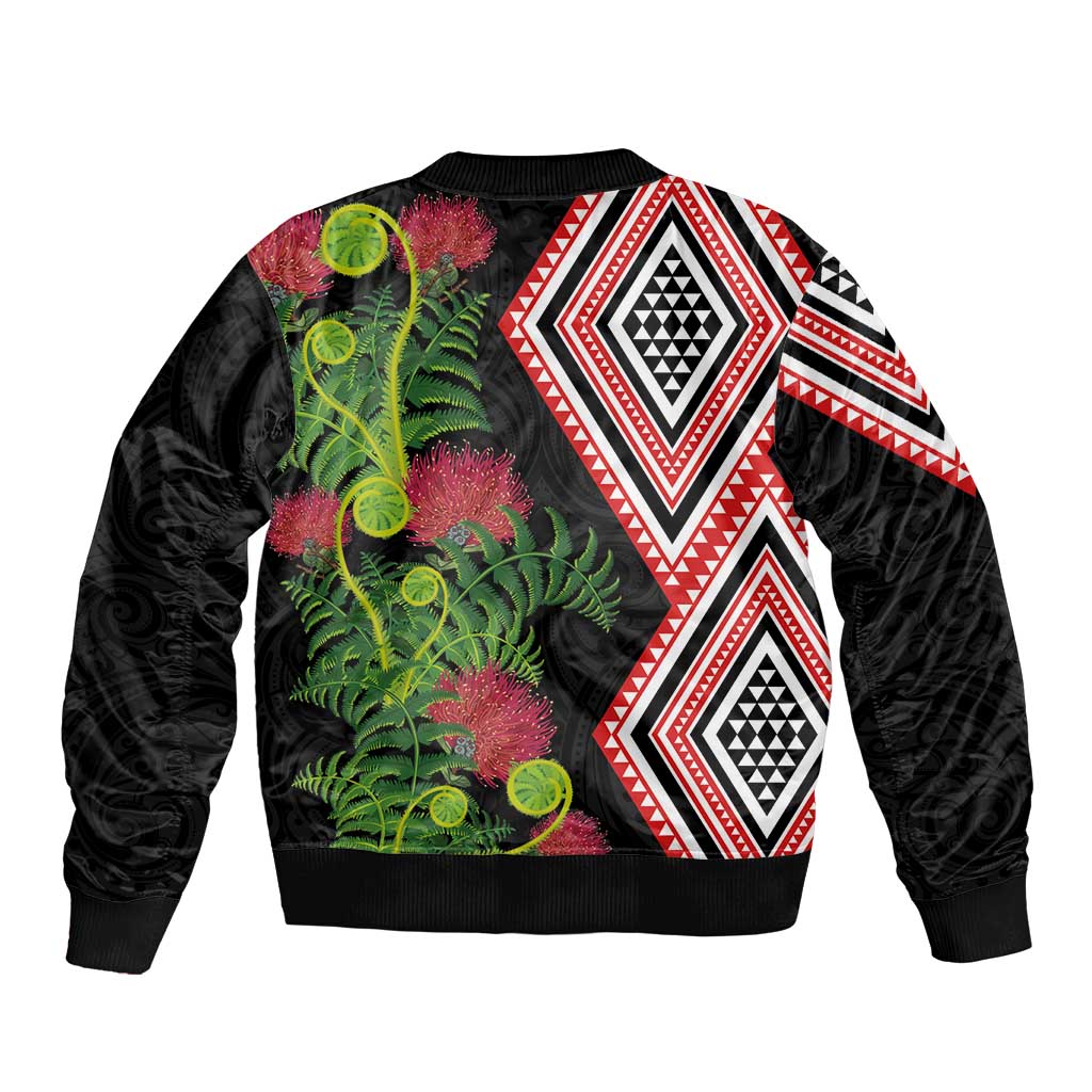 Aotearoa Tukutuku Motif Sleeve Zip Bomber Jacket Pohutukawa and Fern Leaves