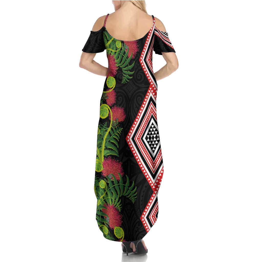 Aotearoa Tukutuku Motif Summer Maxi Dress Pohutukawa and Fern Leaves LT03 - Polynesian Pride