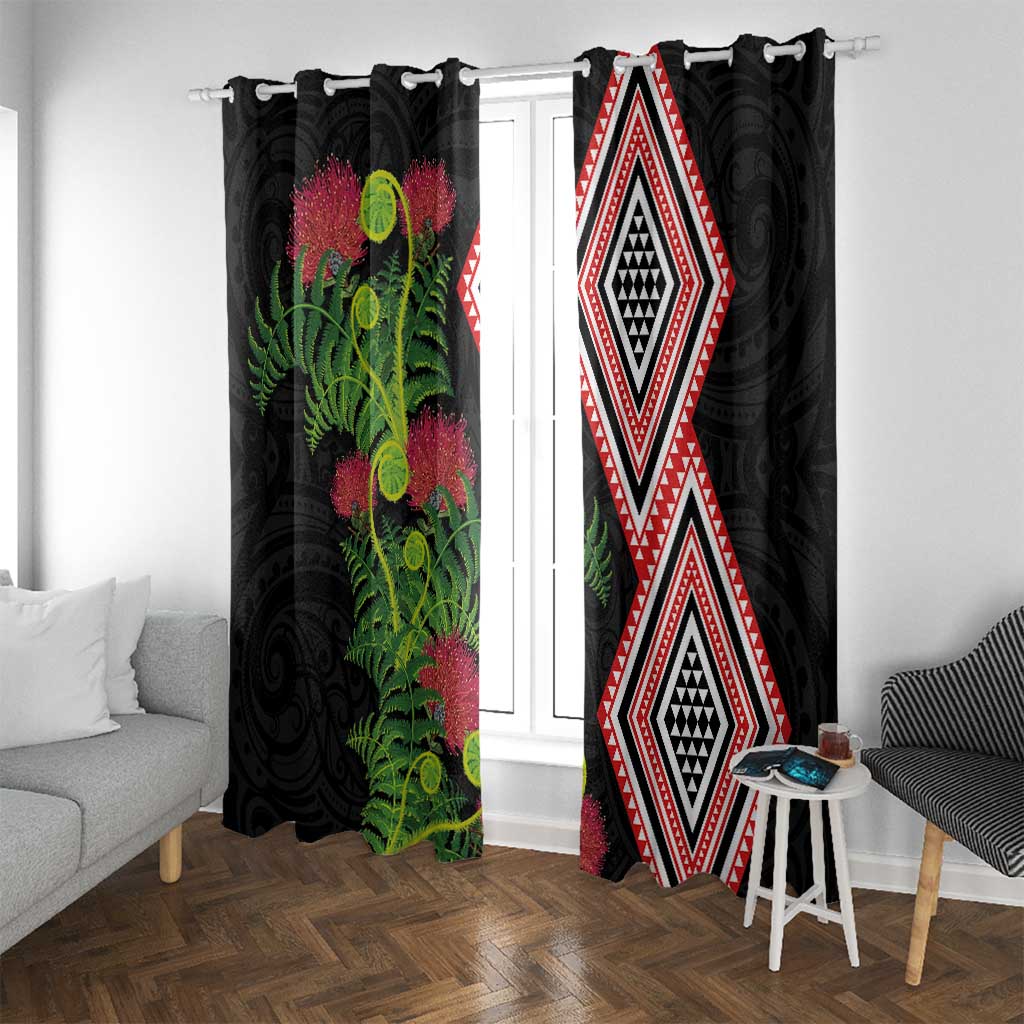 Aotearoa Tukutuku Motif Window Curtain Pohutukawa and Fern Leaves LT03 With Grommets Black - Polynesian Pride