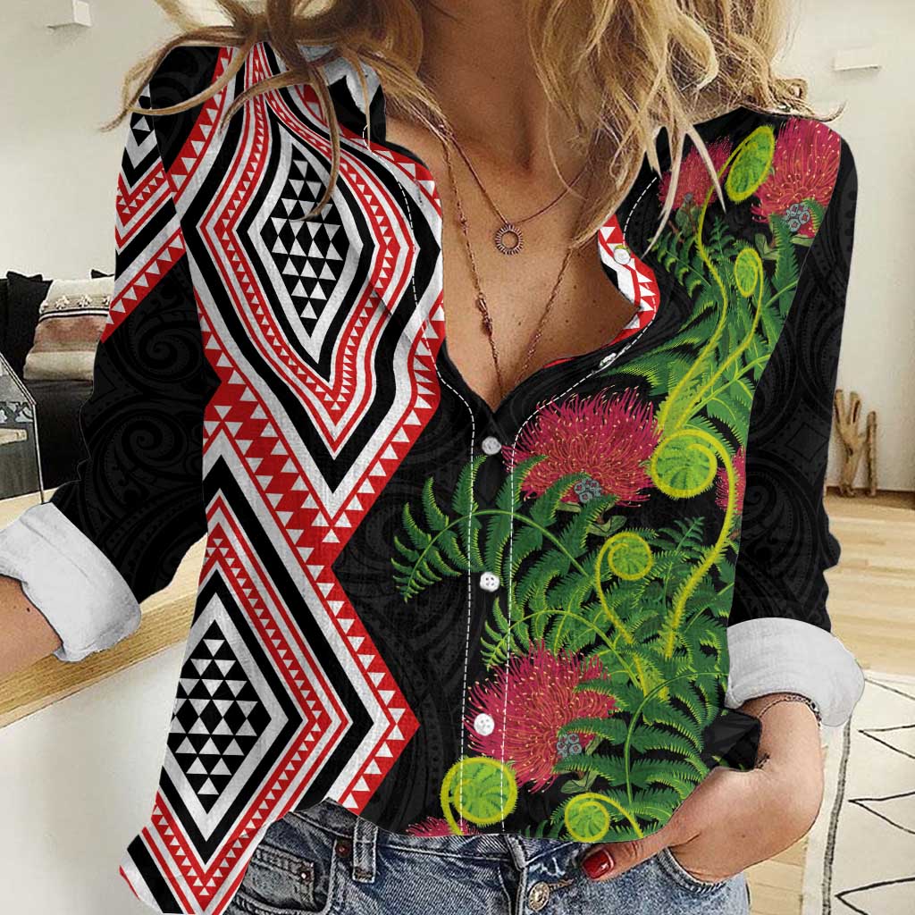Aotearoa Tukutuku Motif Women Casual Shirt Pohutukawa and Fern Leaves
