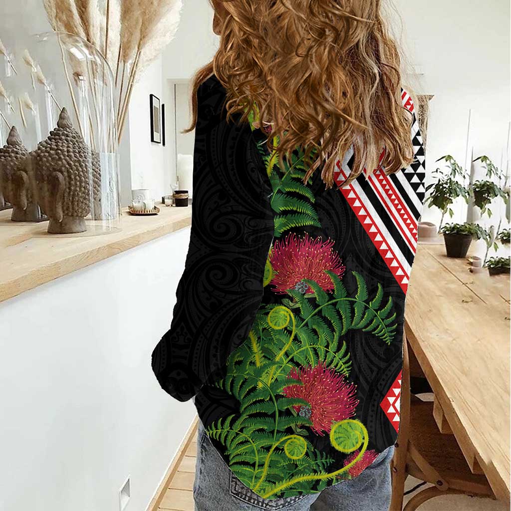 Aotearoa Tukutuku Motif Women Casual Shirt Pohutukawa and Fern Leaves