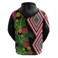 Aotearoa Tukutuku Motif Zip Hoodie Pohutukawa and Fern Leaves