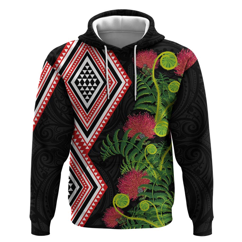 Aotearoa Tukutuku Motif Zip Hoodie Pohutukawa and Fern Leaves