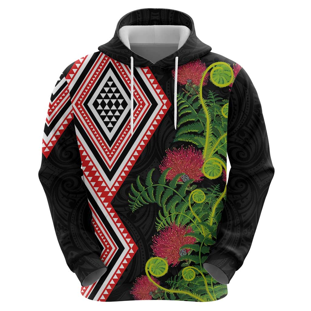Aotearoa Tukutuku Motif Zip Hoodie Pohutukawa and Fern Leaves