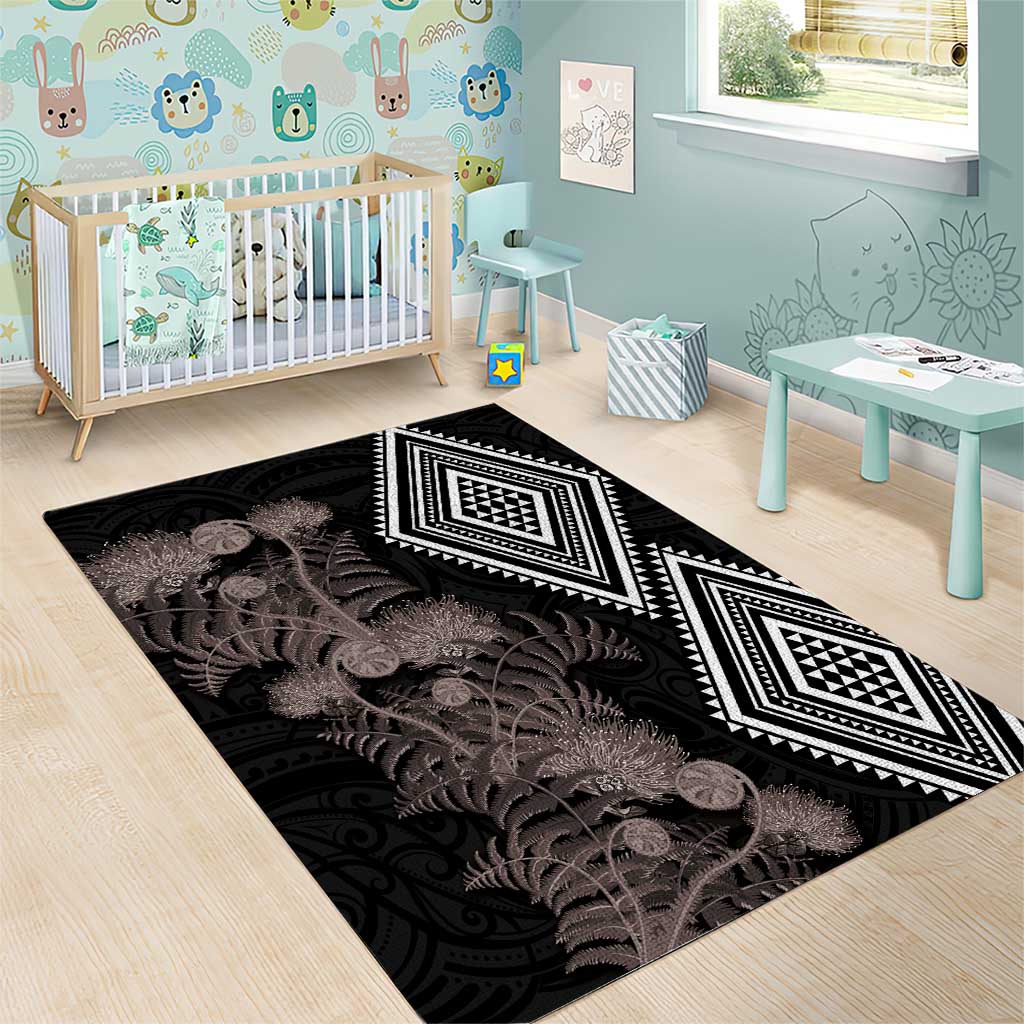 Aotearoa Tukutuku Motif Area Rug Pohutukawa and Fern Leaves Grayscale Color