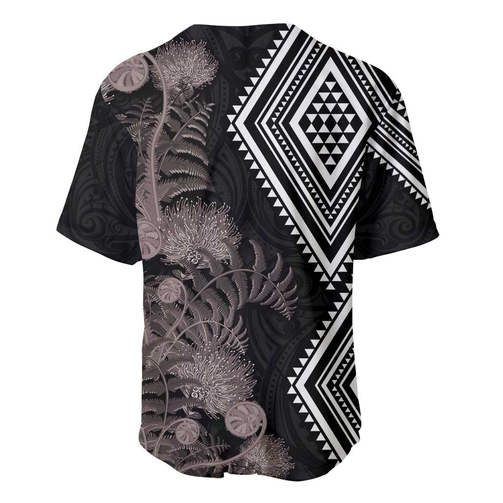 Aotearoa Tukutuku Motif Baseball Jersey Pohutukawa and Fern Leaves Grayscale Color