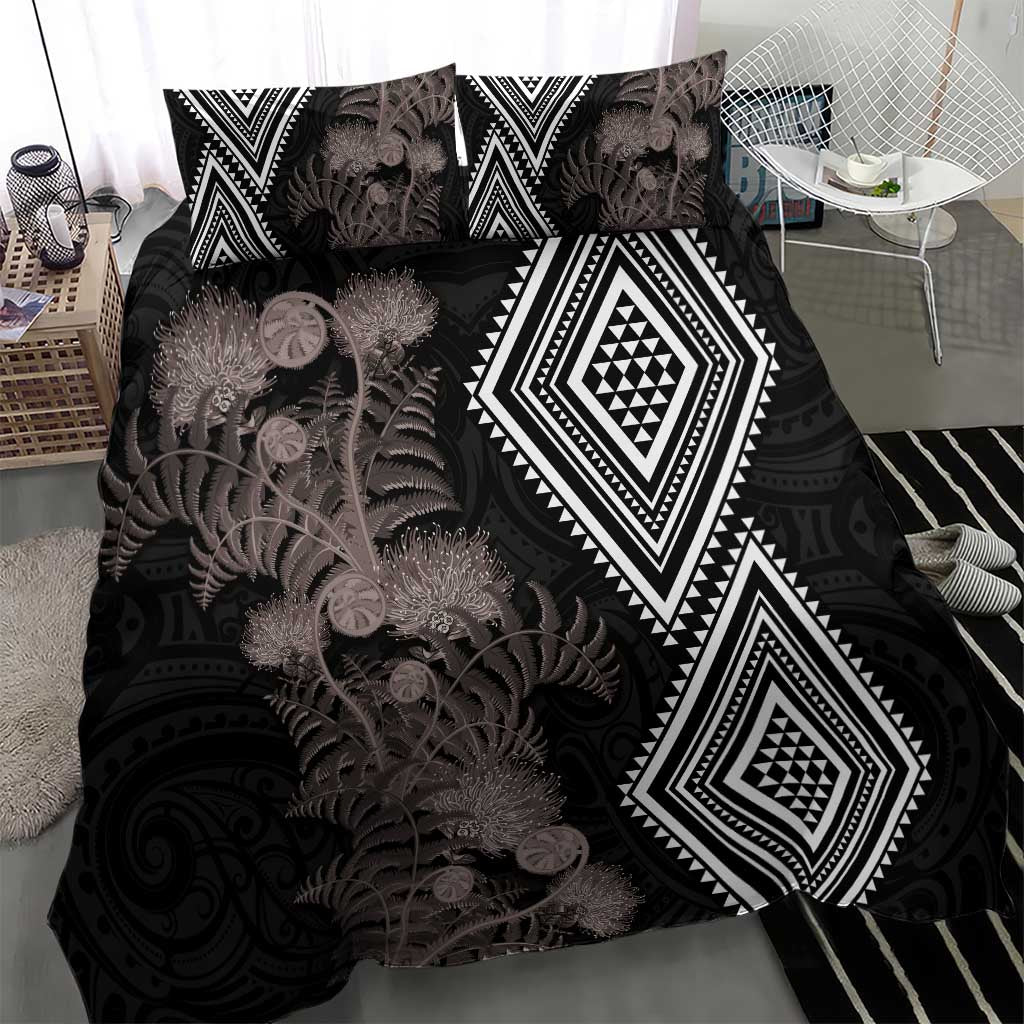 Aotearoa Tukutuku Motif Bedding Set Pohutukawa and Fern Leaves Grayscale Color