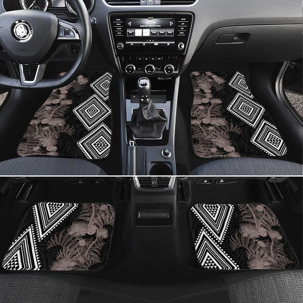 Aotearoa Tukutuku Motif Car Mats Pohutukawa and Fern Leaves Grayscale Color