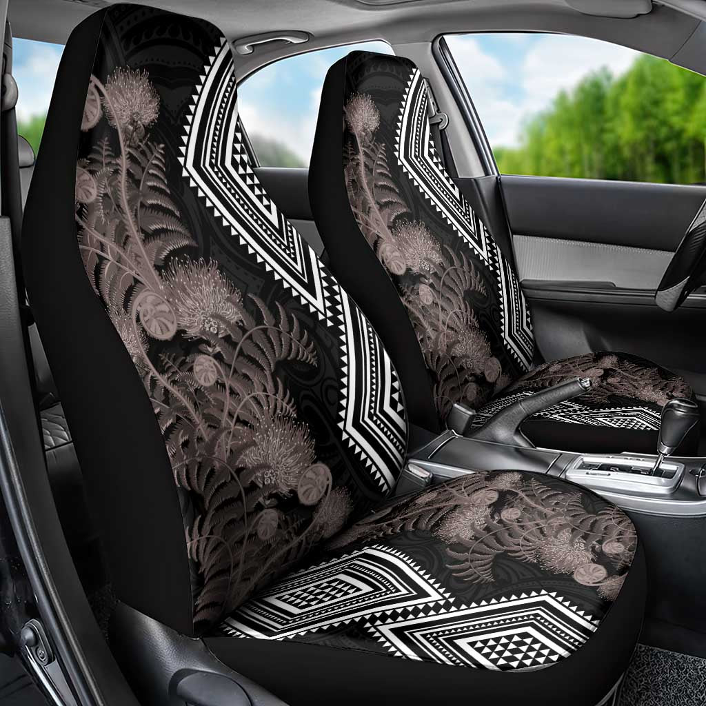 Aotearoa Tukutuku Motif Car Seat Cover Pohutukawa and Fern Leaves Grayscale Color