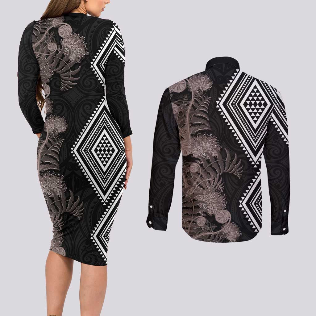 Aotearoa Tukutuku Motif Couples Matching Long Sleeve Bodycon Dress and Long Sleeve Button Shirt Pohutukawa and Fern Leaves Grayscale Color