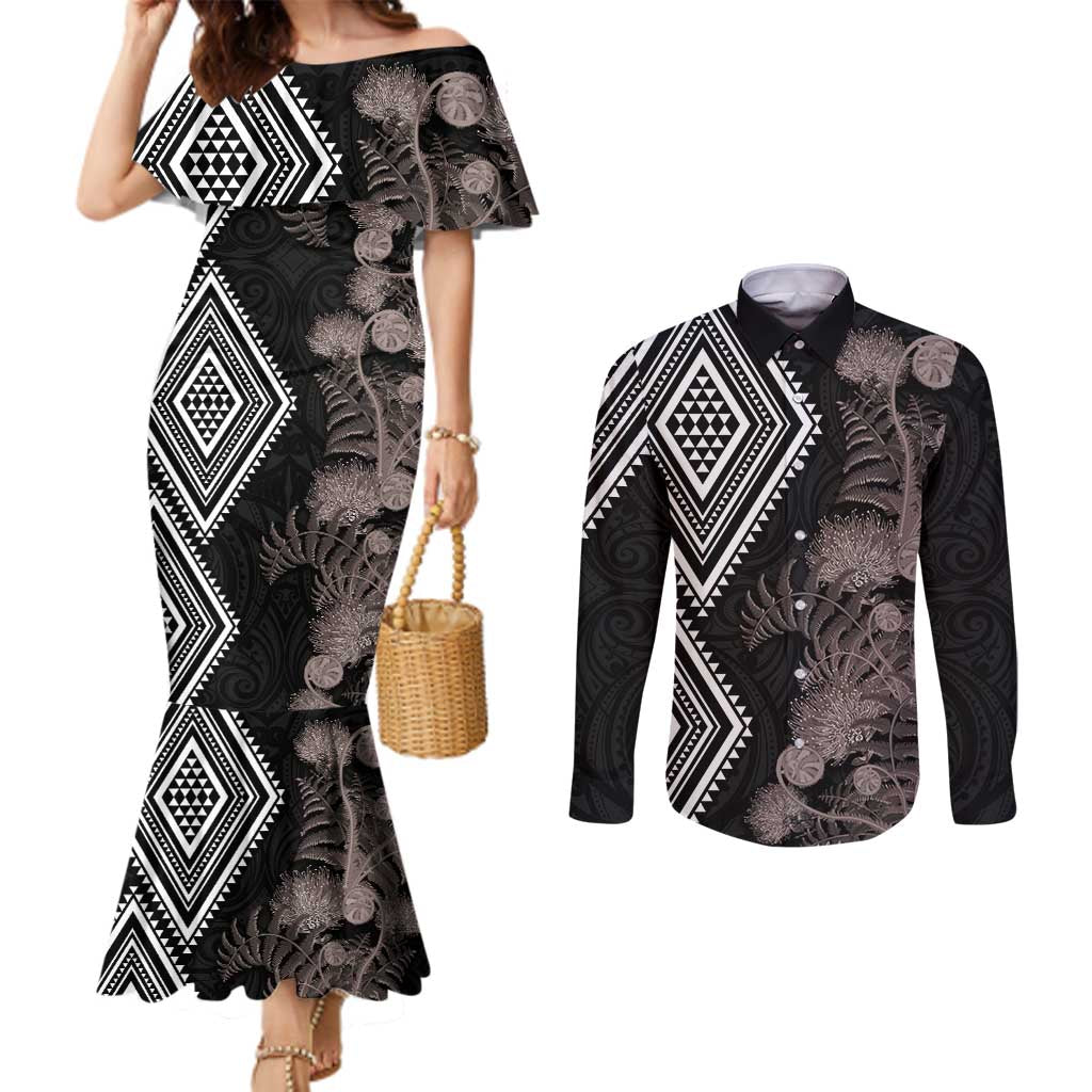 Aotearoa Tukutuku Motif Couples Matching Mermaid Dress and Long Sleeve Button Shirt Pohutukawa and Fern Leaves Grayscale Color
