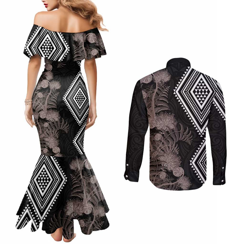Aotearoa Tukutuku Motif Couples Matching Mermaid Dress and Long Sleeve Button Shirt Pohutukawa and Fern Leaves Grayscale Color