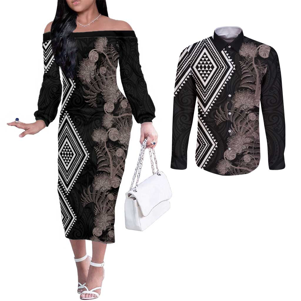 Aotearoa Tukutuku Motif Couples Matching Off The Shoulder Long Sleeve Dress and Long Sleeve Button Shirt Pohutukawa and Fern Leaves Grayscale Color
