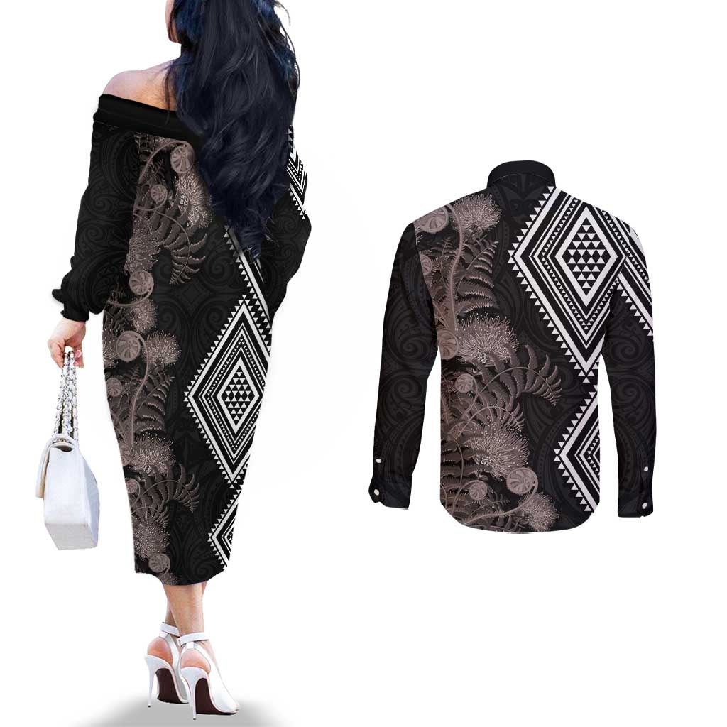 Aotearoa Tukutuku Motif Couples Matching Off The Shoulder Long Sleeve Dress and Long Sleeve Button Shirt Pohutukawa and Fern Leaves Grayscale Color