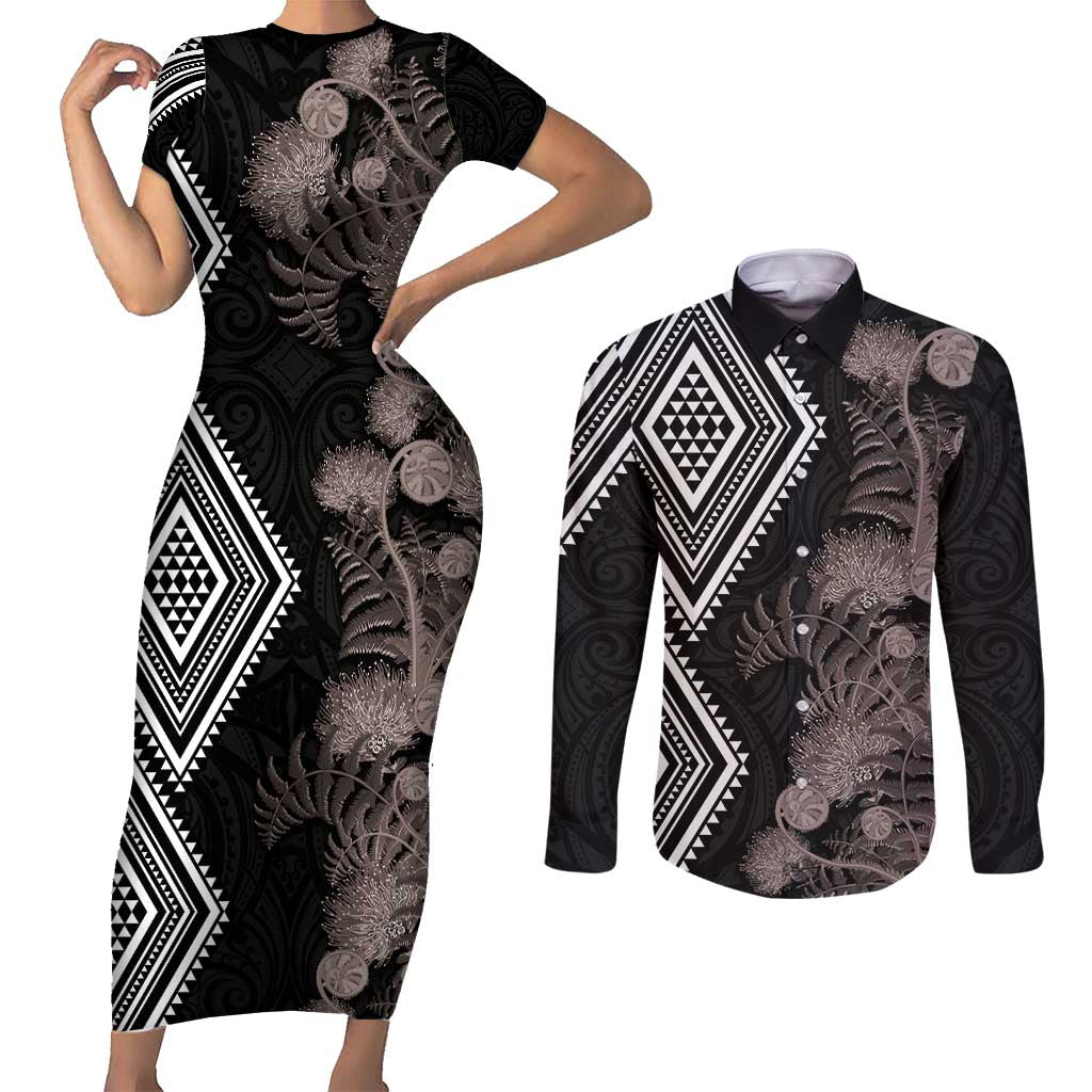 Aotearoa Tukutuku Motif Couples Matching Short Sleeve Bodycon Dress and Long Sleeve Button Shirt Pohutukawa and Fern Leaves Grayscale Color