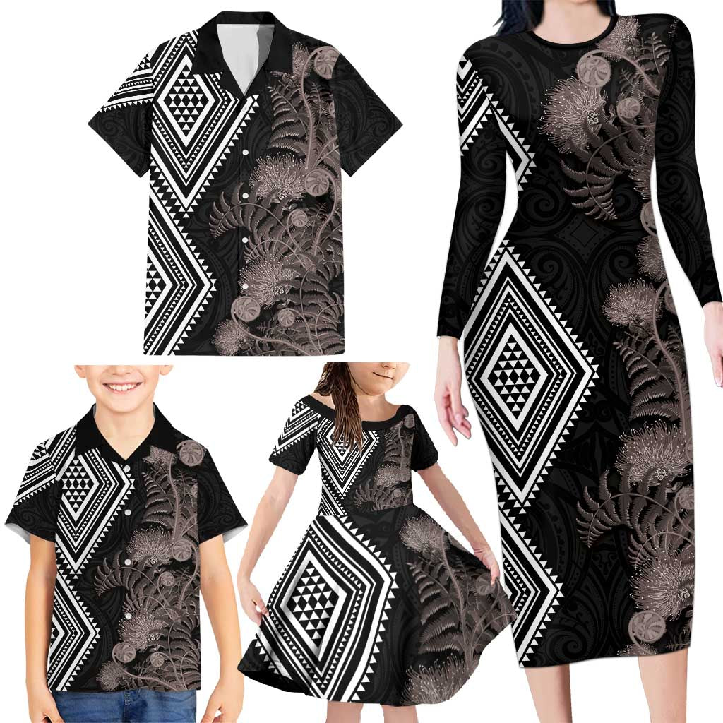 Aotearoa Tukutuku Motif Family Matching Long Sleeve Bodycon Dress and Hawaiian Shirt Pohutukawa and Fern Leaves Grayscale Color