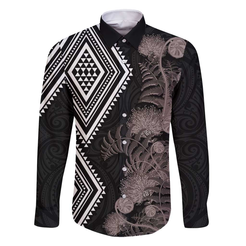 Aotearoa Tukutuku Motif Family Matching Mermaid Dress and Hawaiian Shirt Pohutukawa and Fern Leaves Grayscale Color