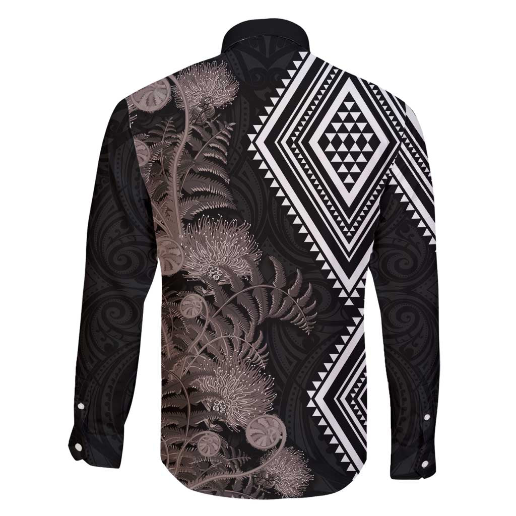 Aotearoa Tukutuku Motif Family Matching Mermaid Dress and Hawaiian Shirt Pohutukawa and Fern Leaves Grayscale Color