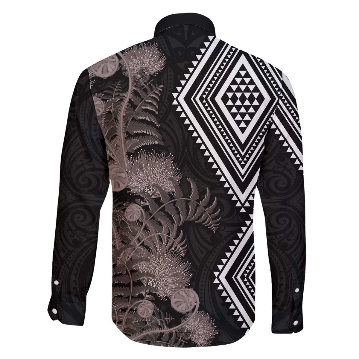 Aotearoa Tukutuku Motif Family Matching Off The Shoulder Long Sleeve Dress and Hawaiian Shirt Pohutukawa and Fern Leaves Grayscale Color