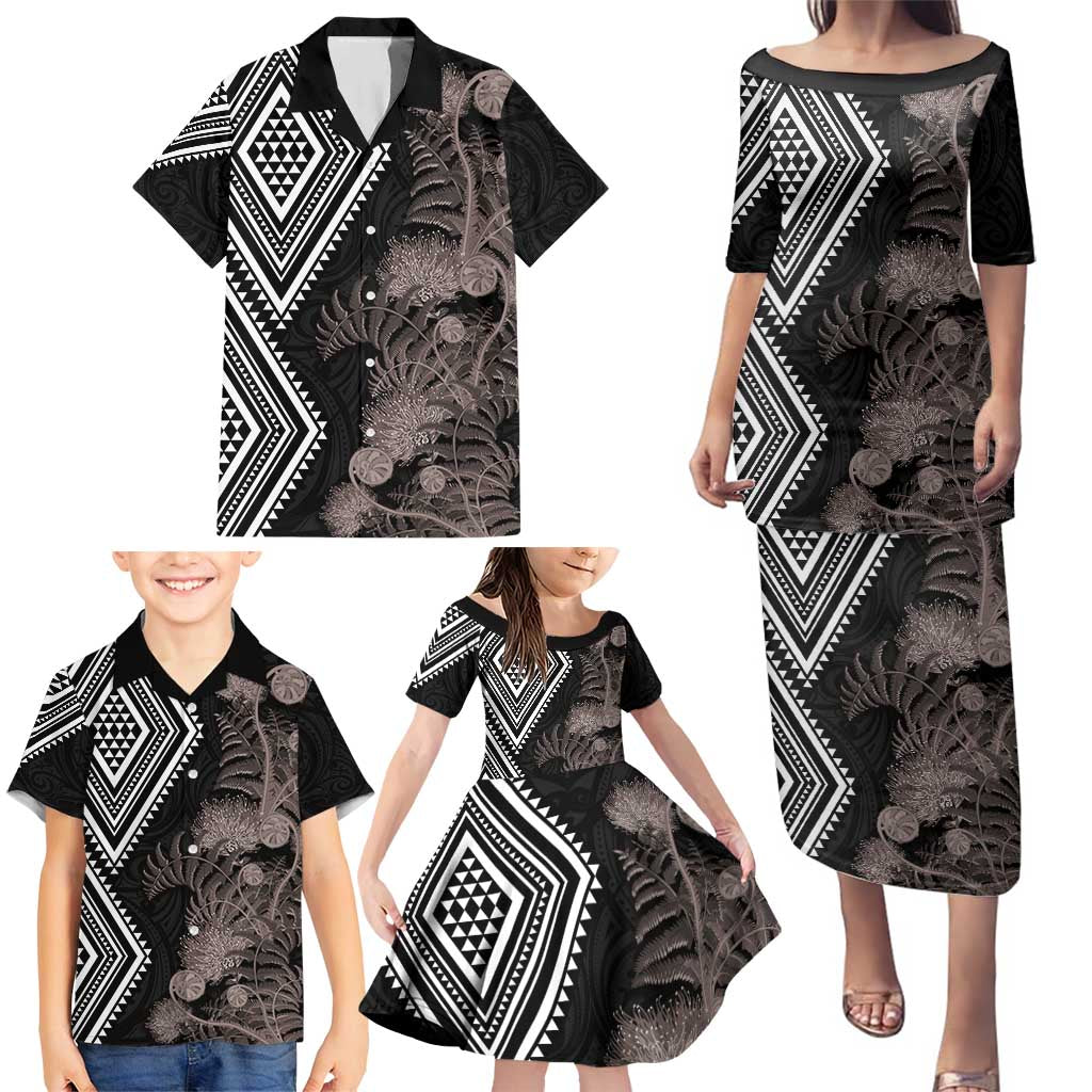 Aotearoa Tukutuku Motif Family Matching Puletasi and Hawaiian Shirt Pohutukawa and Fern Leaves Grayscale Color