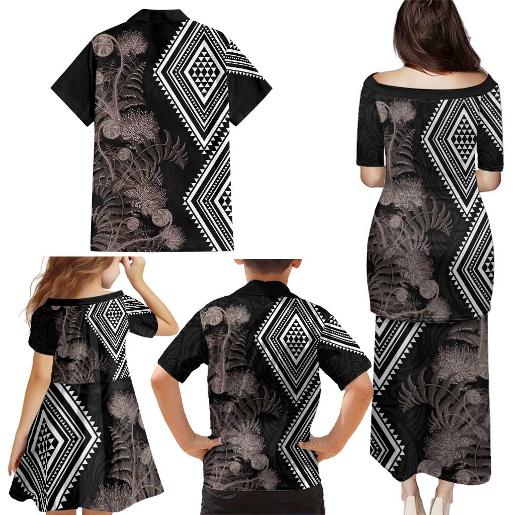 Aotearoa Tukutuku Motif Family Matching Puletasi and Hawaiian Shirt Pohutukawa and Fern Leaves Grayscale Color