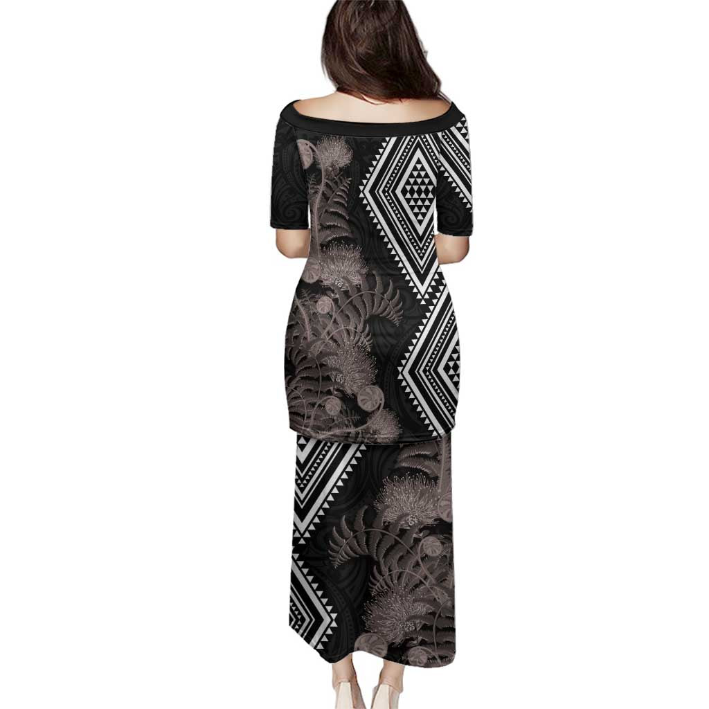 Aotearoa Tukutuku Motif Family Matching Puletasi and Hawaiian Shirt Pohutukawa and Fern Leaves Grayscale Color