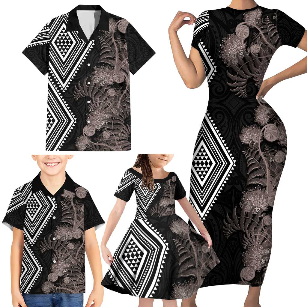 Aotearoa Tukutuku Motif Family Matching Short Sleeve Bodycon Dress and Hawaiian Shirt Pohutukawa and Fern Leaves Grayscale Color