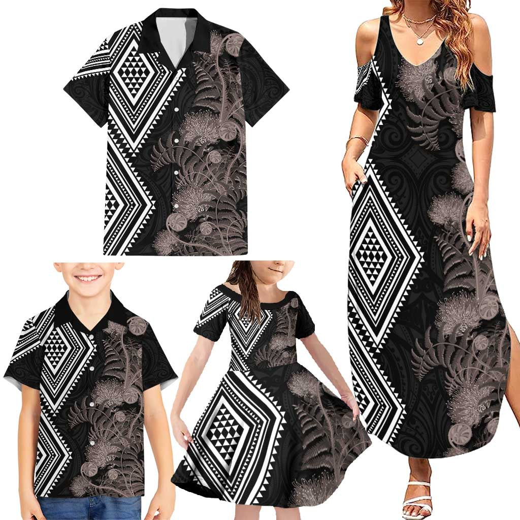 Aotearoa Tukutuku Motif Family Matching Summer Maxi Dress and Hawaiian Shirt Pohutukawa and Fern Leaves Grayscale Color