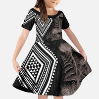 Aotearoa Tukutuku Motif Family Matching Tank Maxi Dress and Hawaiian Shirt Pohutukawa and Fern Leaves Grayscale Color