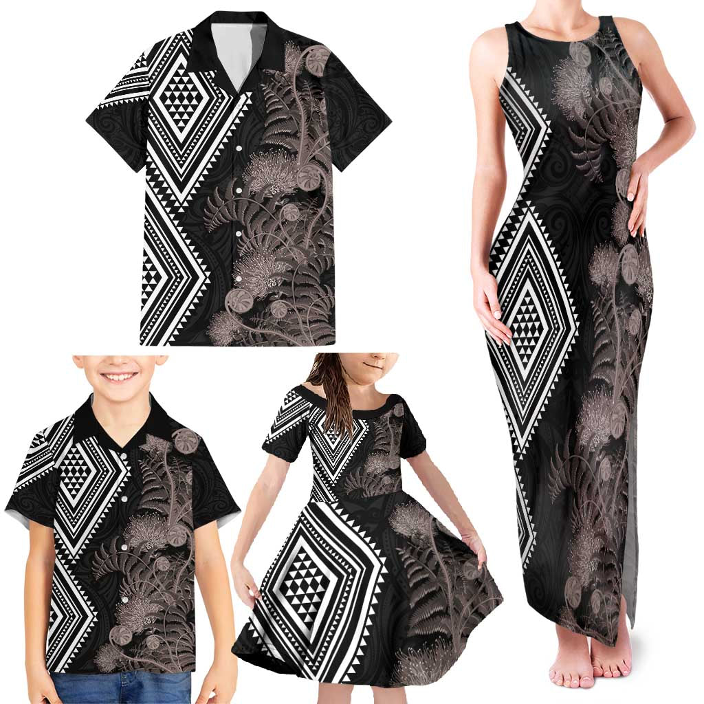 Aotearoa Tukutuku Motif Family Matching Tank Maxi Dress and Hawaiian Shirt Pohutukawa and Fern Leaves Grayscale Color