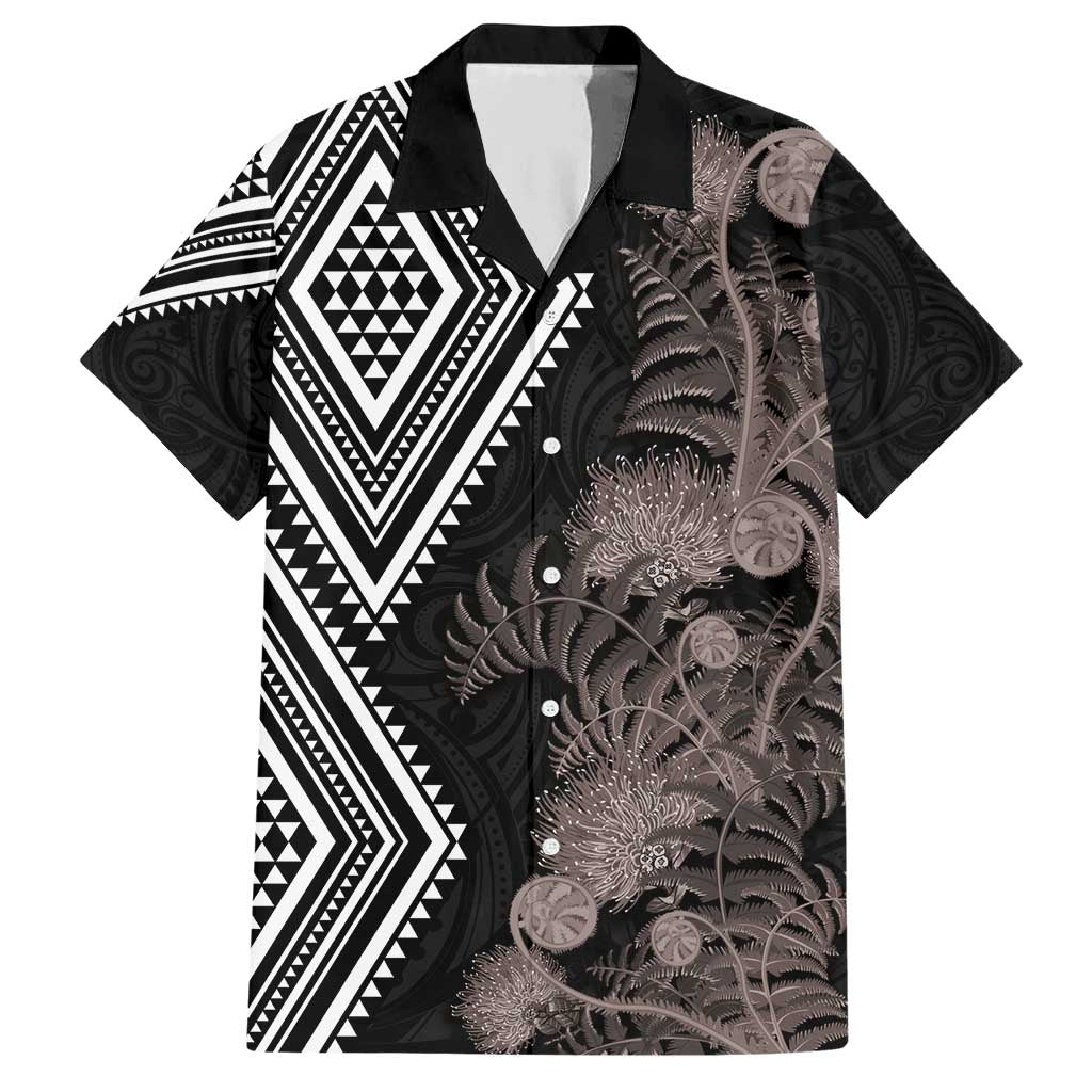Aotearoa Tukutuku Motif Hawaiian Shirt Pohutukawa and Fern Leaves Grayscale Color LT03 Black - Polynesian Pride