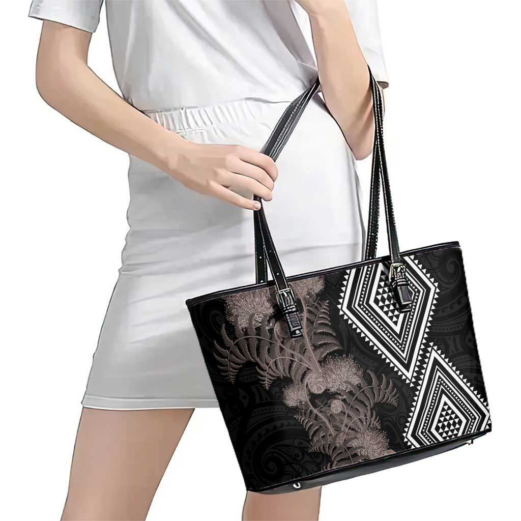 Aotearoa Tukutuku Motif Leather Tote Bag Pohutukawa and Fern Leaves Grayscale Color