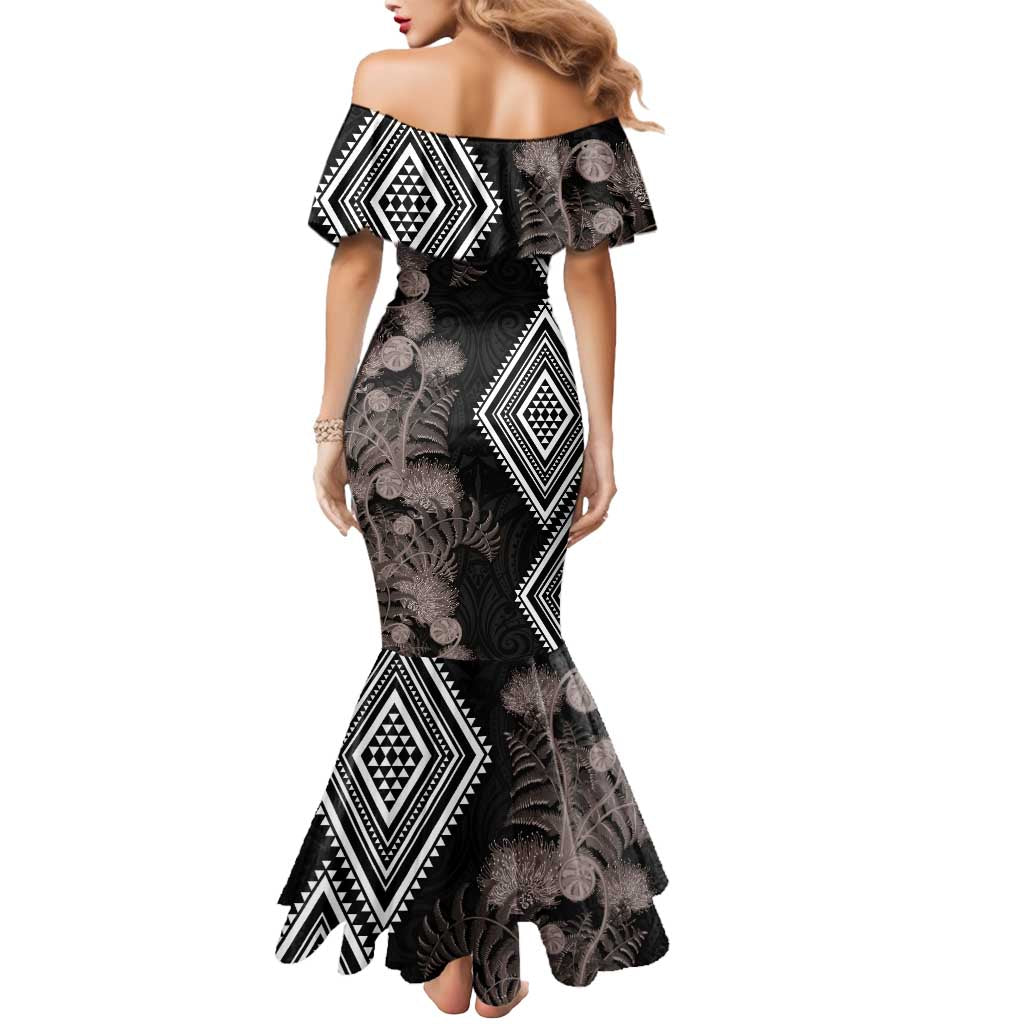 Aotearoa Tukutuku Motif Mermaid Dress Pohutukawa and Fern Leaves Grayscale Color