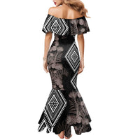 Aotearoa Tukutuku Motif Mermaid Dress Pohutukawa and Fern Leaves Grayscale Color