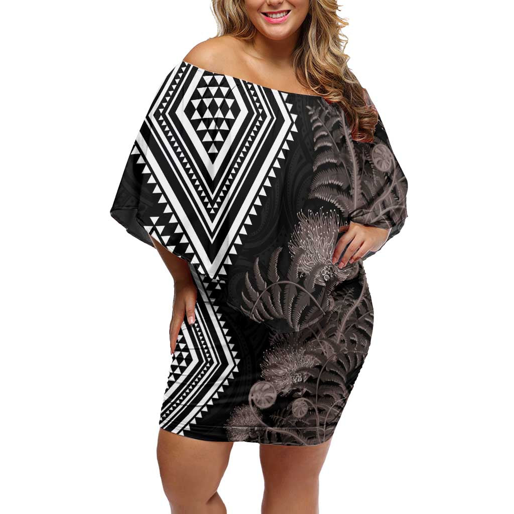 Aotearoa Tukutuku Motif Off Shoulder Short Dress Pohutukawa and Fern Leaves Grayscale Color