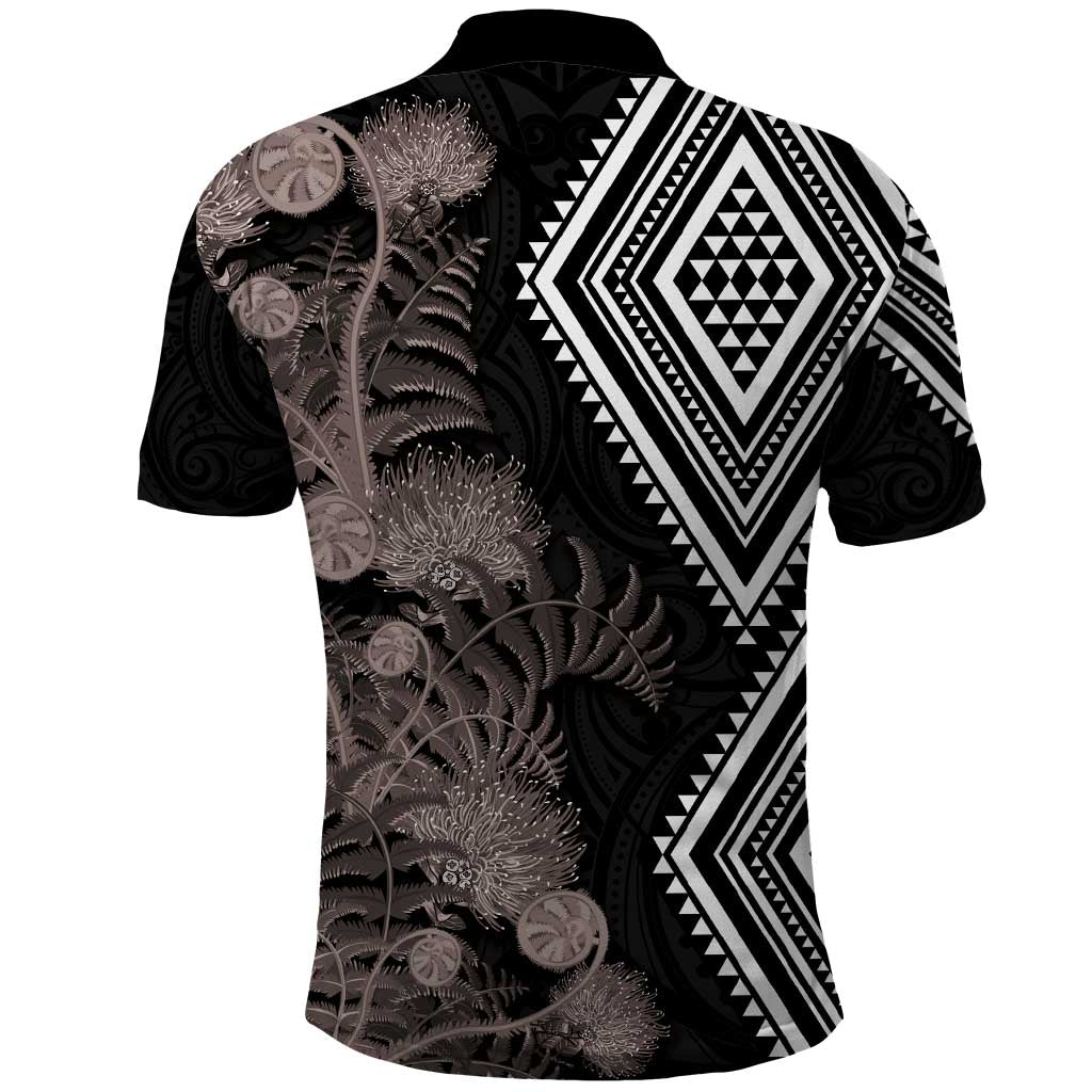 Aotearoa Tukutuku Motif Polo Shirt Pohutukawa and Fern Leaves Grayscale Color