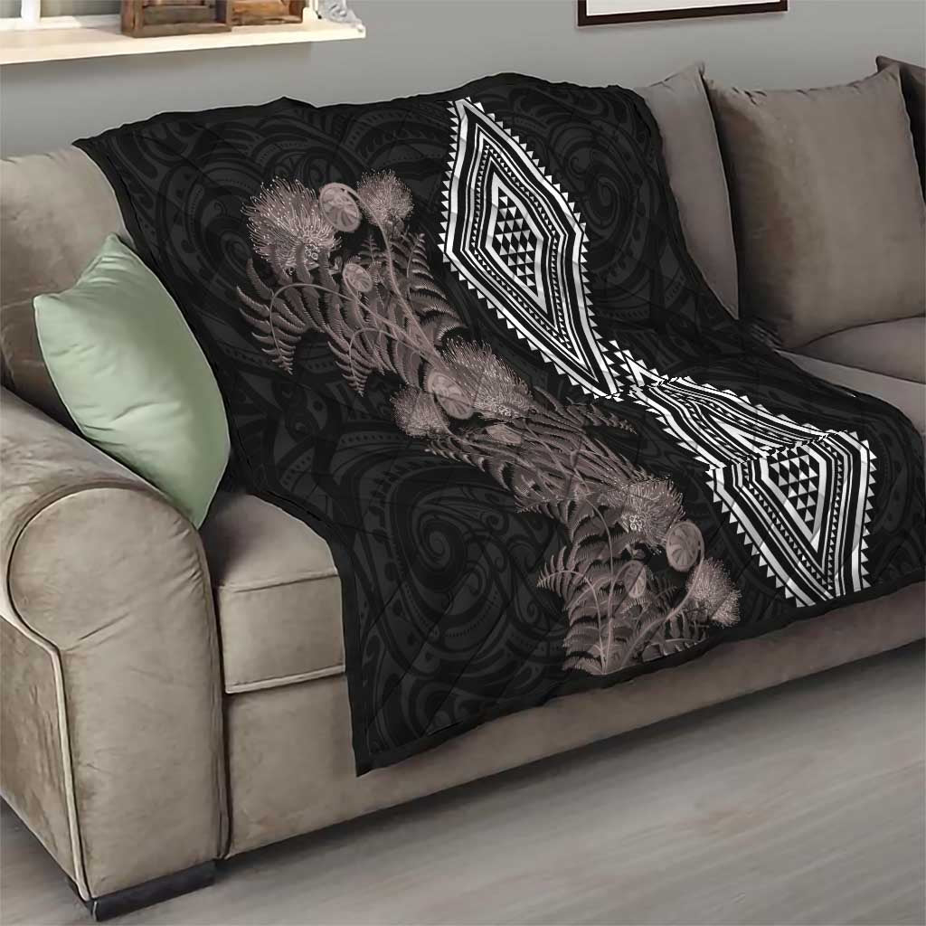 Aotearoa Tukutuku Motif Quilt Pohutukawa and Fern Leaves Grayscale Color