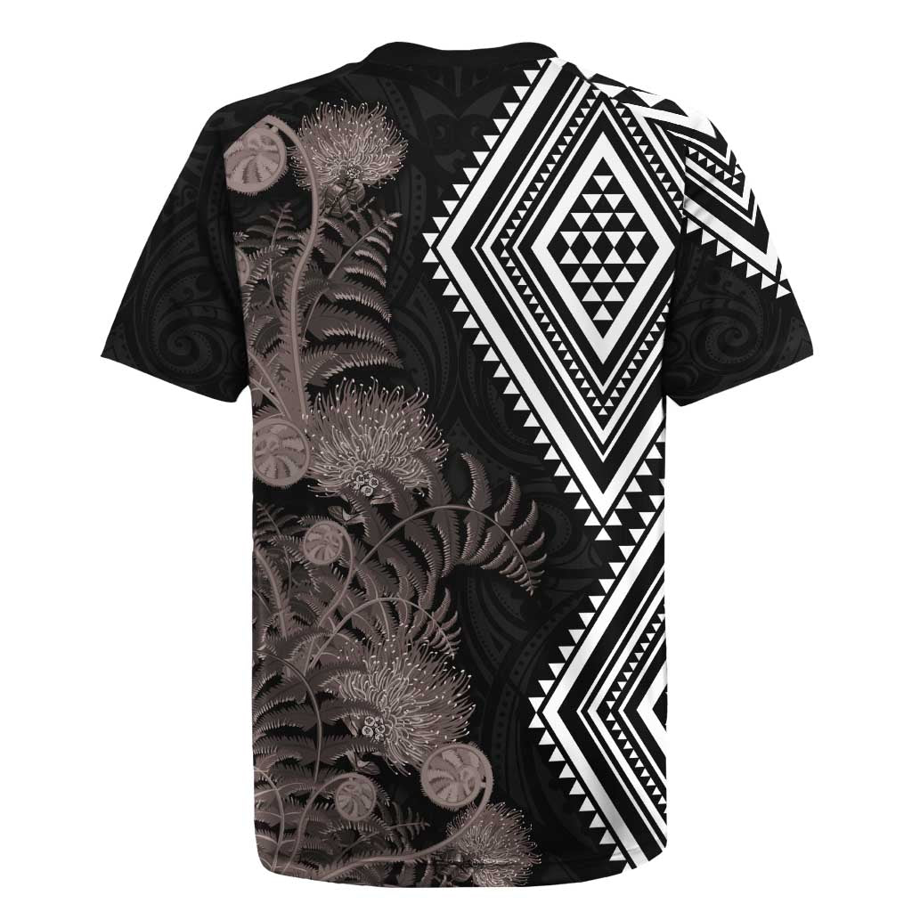 Aotearoa Tukutuku Motif Rugby Jersey Pohutukawa and Fern Leaves Grayscale Color