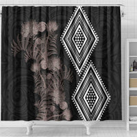 Aotearoa Tukutuku Motif Shower Curtain Pohutukawa and Fern Leaves Grayscale Color